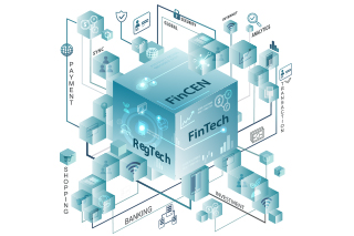 3 sides of cube with FinCEN, FinTech, and RegTech text