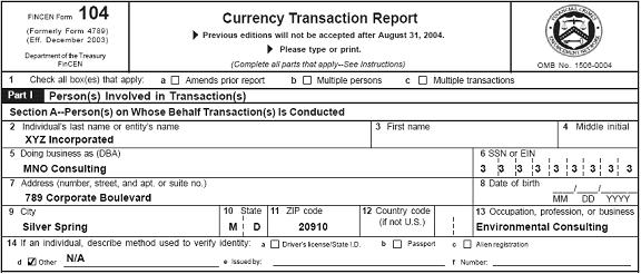 XYZ Incorporated, an environmental consulting corporation, operates under the DBA name MNO Consulting. XYZ Inc.'s EIN is 333-33-3333. XYZ Inc. registered MNO Consulting with its own EIN of 444-44-4444. XYZ Inc. is located at 789 Corporate Boulevard. MNO Consulting is operated at 001 Drakes Bill Avenue. Provided below is a proper way to file a CTR on a reportable transaction involving MNO Consulting.