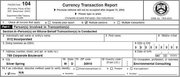 XYZ Incorporated, an environmental consulting corporation, operates under the DBA name MNO Consulting. XYZ Inc.'s EIN is 333-33-3333. XYZ Inc. registered MNO Consulting with its own EIN of 444-44-4444. XYZ Inc. is located at 789 Corporate Boulevard. MNO Consulting is operated at 001 Drakes Bill Avenue. Provided below is a proper way to file a CTR on a reportable transaction involving MNO Consulting.