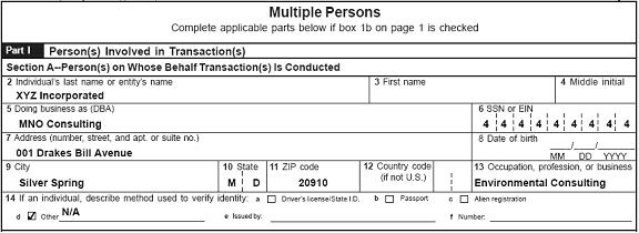 XYZ Incorporated, an environmental consulting corporation, operates under the DBA name MNO Consulting. XYZ Inc.'s EIN is 333-33-3333. XYZ Inc. registered MNO Consulting with its own EIN of 444-44-4444. XYZ Inc. is located at 789 Corporate Boulevard. MNO Consulting is operated at 001 Drakes Bill Avenue. Provided below is a proper way to file a CTR on a reportable transaction involving MNO Consulting.