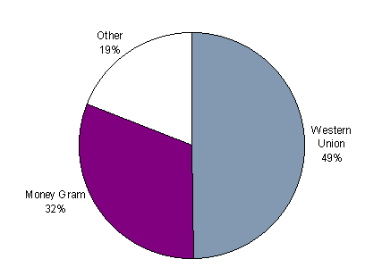 Money Transmission Market Share by Number of Outlets for 1996 : Western Union 49%, Moneygram 32%, Other 19%