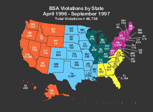United States Map : BSA Violations by State - Total violations 46738
